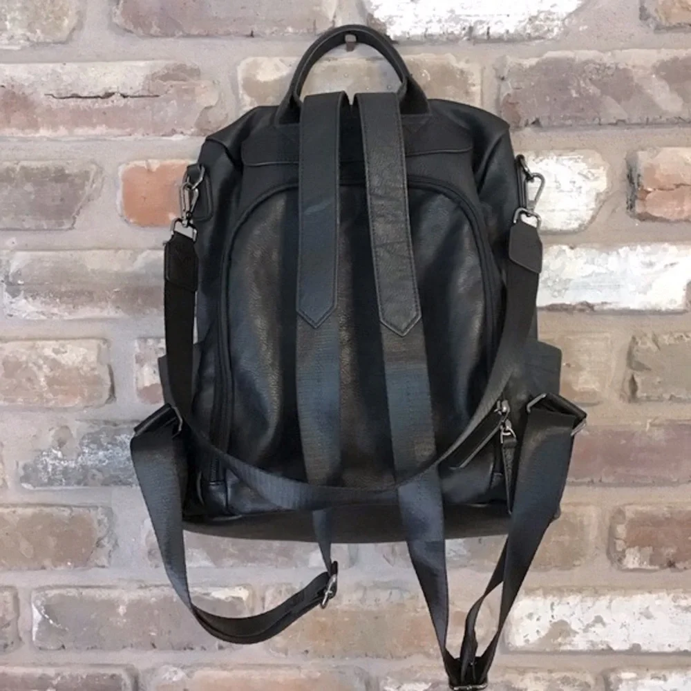 Women's Black Faux Leather Convertible Shoulder Bag Backpack